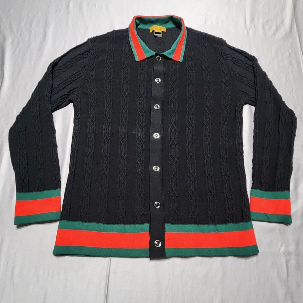 Prestige Original Mens 2XL Cable Knit Button Down Shirt Black Green Red Striped